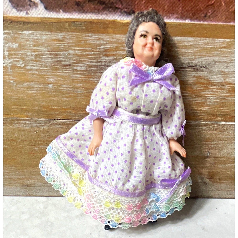 1:12 Dollhouse Adult Female Doll Brown Hair Purple/White Polka Dot Dress Shoes